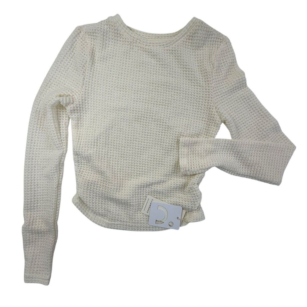 NEW Commense Plain Waffle Slim Sweater Size Small Cream Long Sleeve Crop Top